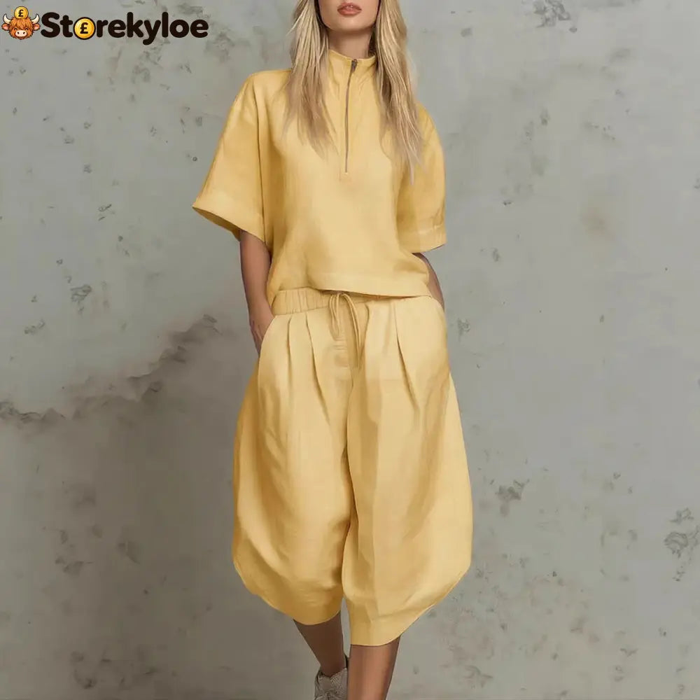 Linen Zip-Neck Top & Harem Culottes Set - Yellow / S