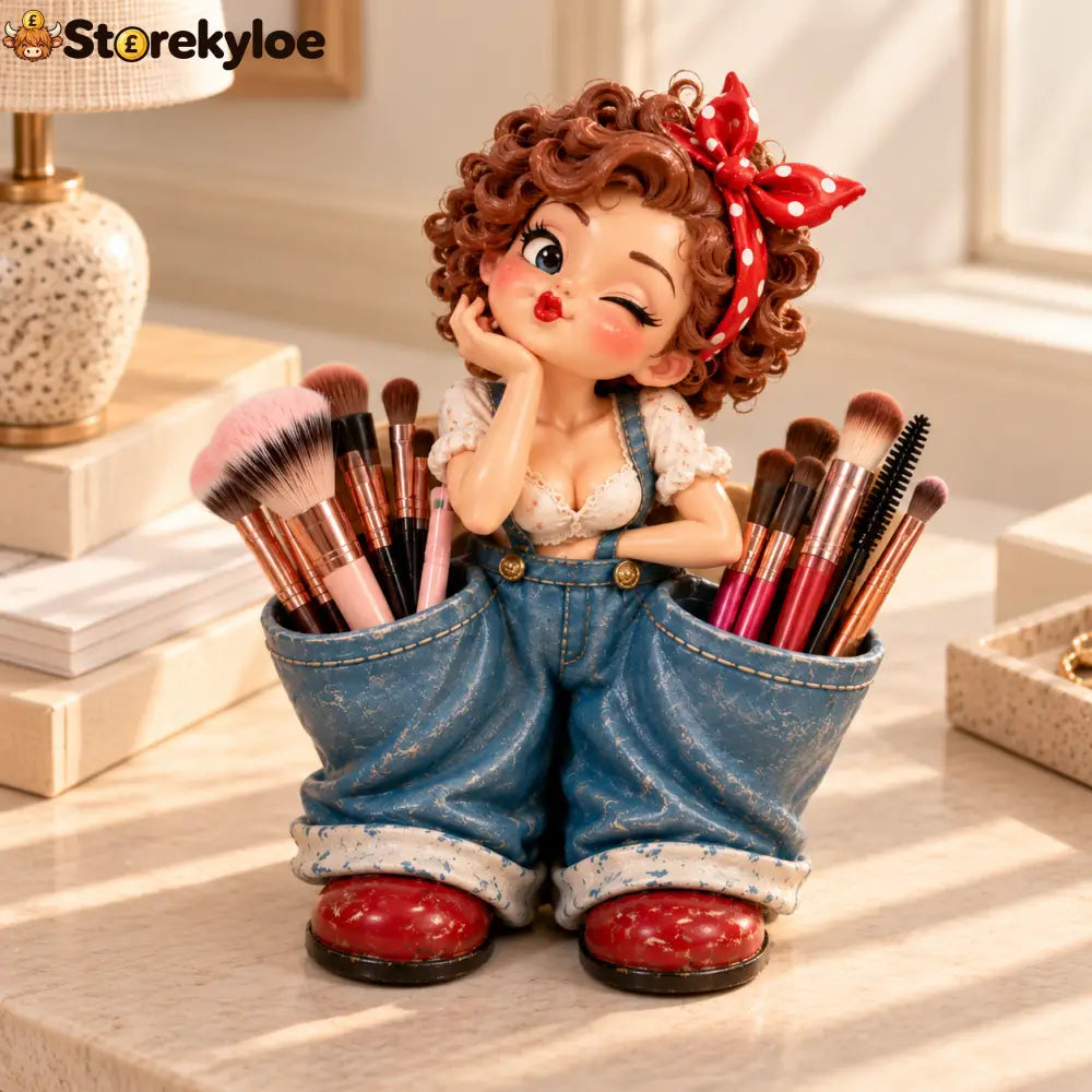 Little Miss Pockets™ – Cute Vintage Girl Organizer with Denim Storage Pockets - Playful Girl