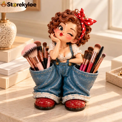 Little Miss Pockets™ – Cute Vintage Girl Organizer with Denim Storage Pockets - Playful Girl