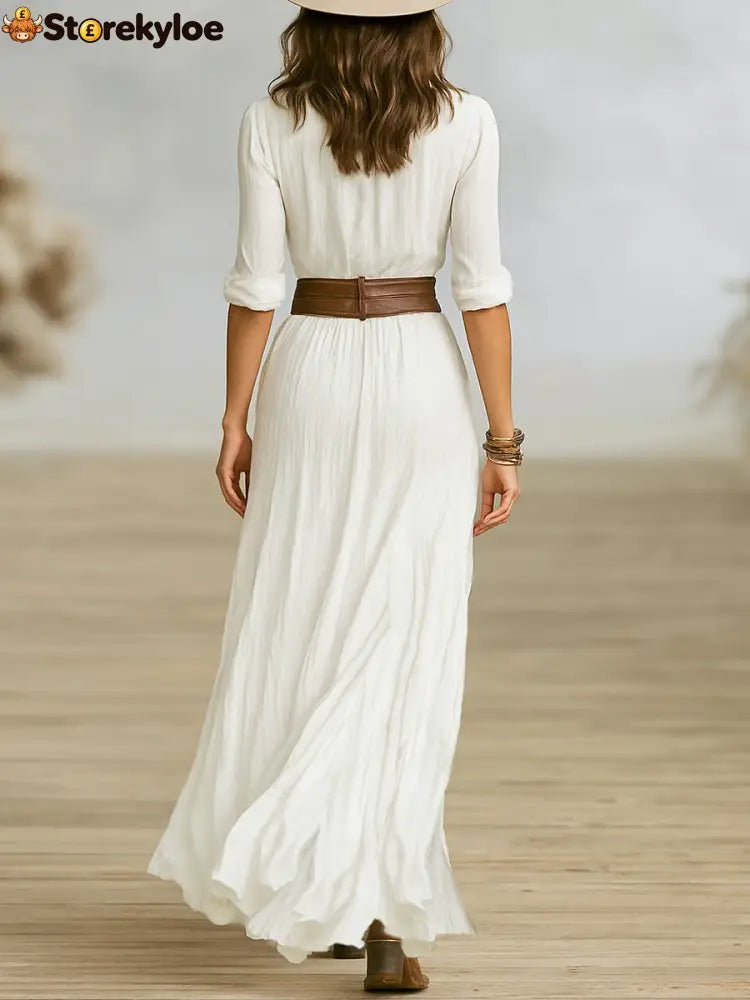 Long Belted Dress With Pleated Lapels