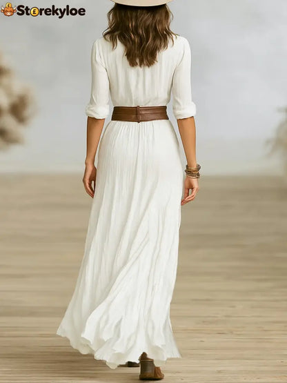 Long Belted Dress With Pleated Lapels