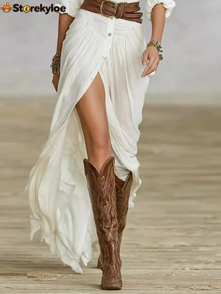 Long Belted Dress With Pleated Lapels