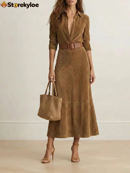 Long Sleeves Split-Joint Lapel Maxi Dresses Shirt Dress