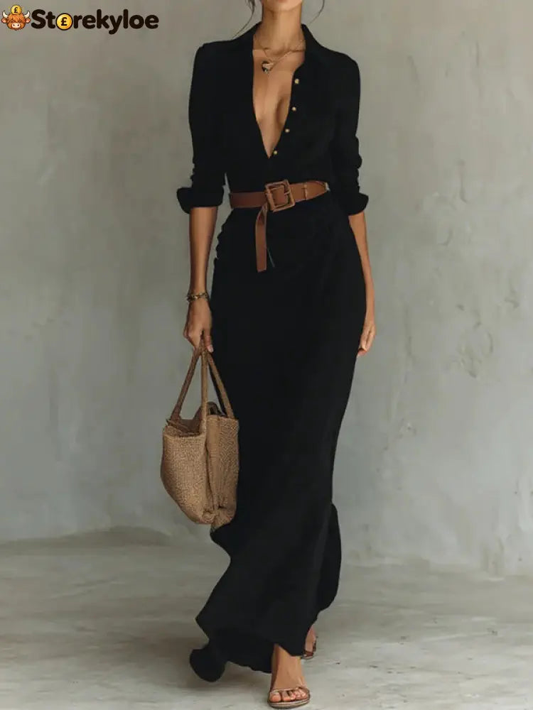 Long Sleeves Split-Joint Lapel Maxi Dresses Shirt Dress - BLACK / S