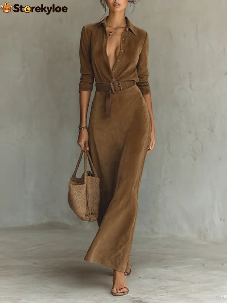 Long Sleeves Split-Joint Lapel Maxi Dresses Shirt Dress - COFFEE / S
