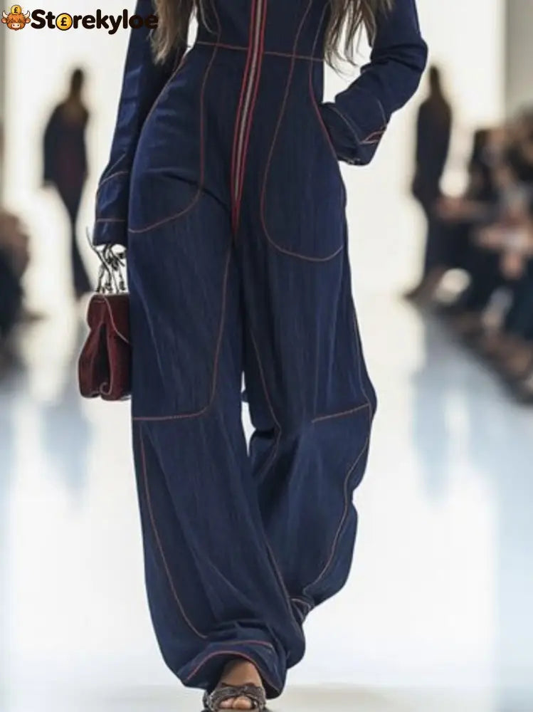 Long Sleeves Wide Leg Zipper Stand Collar Jumpsuits