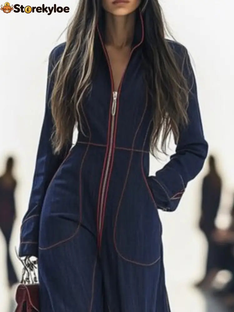 Long Sleeves Wide Leg Zipper Stand Collar Jumpsuits
