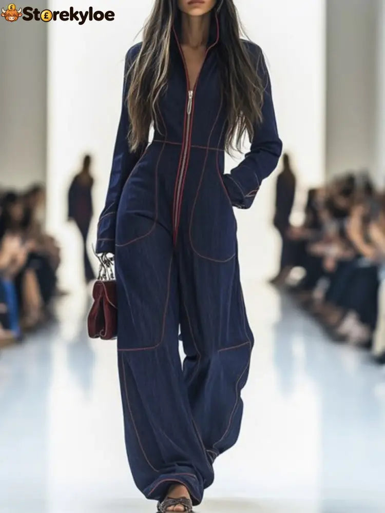 Long Sleeves Wide Leg Zipper Stand Collar Jumpsuits - DEEP BLUE / S