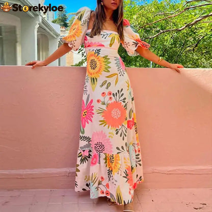 Looking for Sunshine Floral Print Square Neck Bubble Sleeve Maxi Dress - White / S