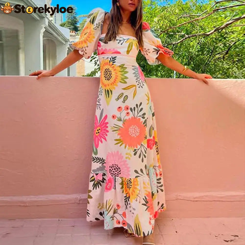 Looking for Sunshine Floral Print Square Neck Bubble Sleeve Maxi Dress - White / S