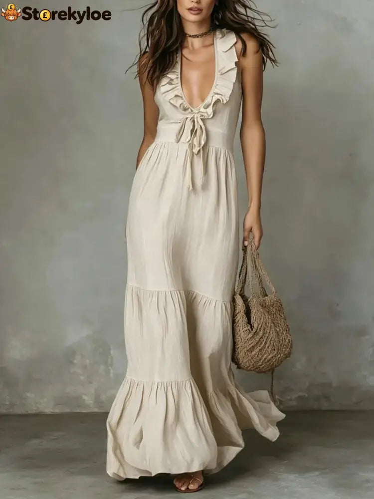 Loose Casual Deep V Ruffled Sleeveless Long Skirt Dress - Milky / S