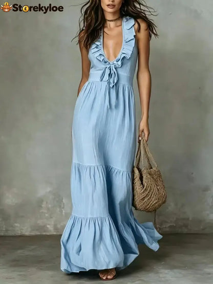 Loose Casual Deep V Ruffled Sleeveless Long Skirt Dress - Sky blue / S
