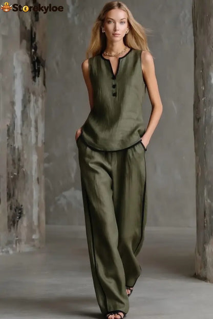 Loose-fitting Cotton-linen Color-blocked Sleeveless Top And Pants Set - Army green / S