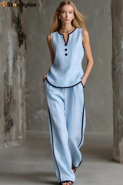 Loose-fitting Cotton-linen Color-blocked Sleeveless Top And Pants Set - Sky blue / S