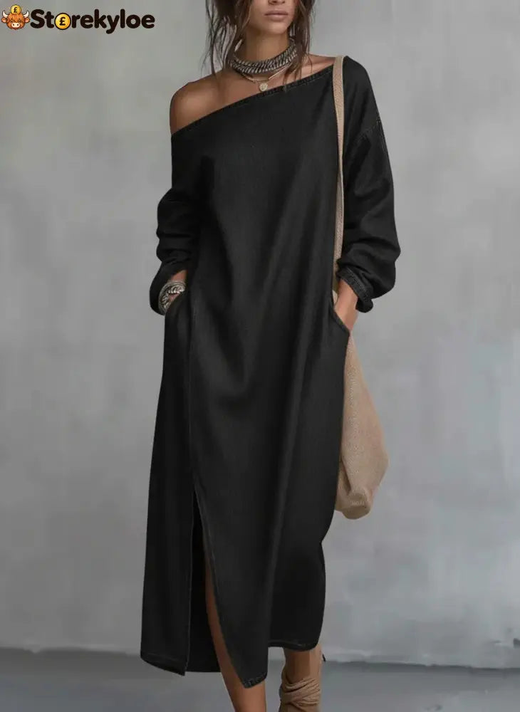Loose-fitting One Shoulder Split Hem Cotton Linen Midi Dress - Black / S - Dresses