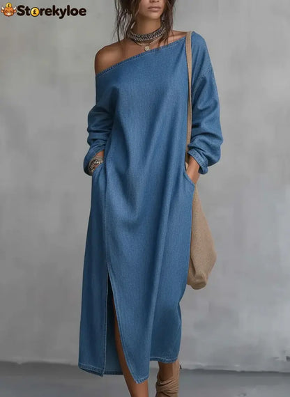 Loose-fitting One Shoulder Split Hem Cotton Linen Midi Dress - Blue / S - Dresses