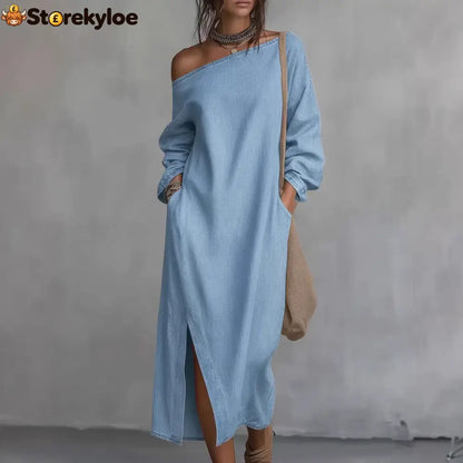 Loose-fitting One Shoulder Split Hem Cotton Linen Midi Dress - Dresses