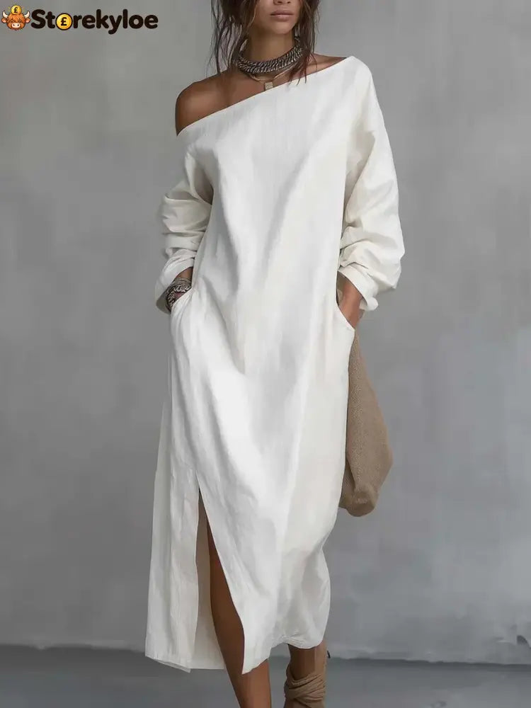 Loose-fitting One Shoulder Split Hem Cotton Linen Midi Dress - Dresses