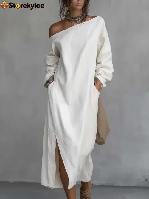 Loose-fitting One Shoulder Split Hem Cotton Linen Midi Dress - Dresses