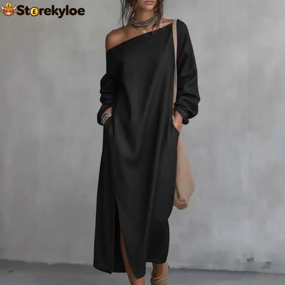 Loose-fitting One Shoulder Split Hem Cotton Linen Midi Dress - Dresses