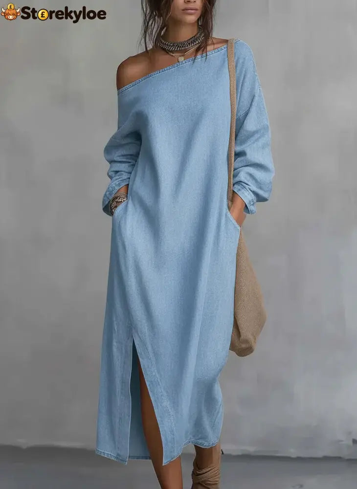 Loose-fitting One Shoulder Split Hem Cotton Linen Midi Dress - Sky blue / S - Dresses