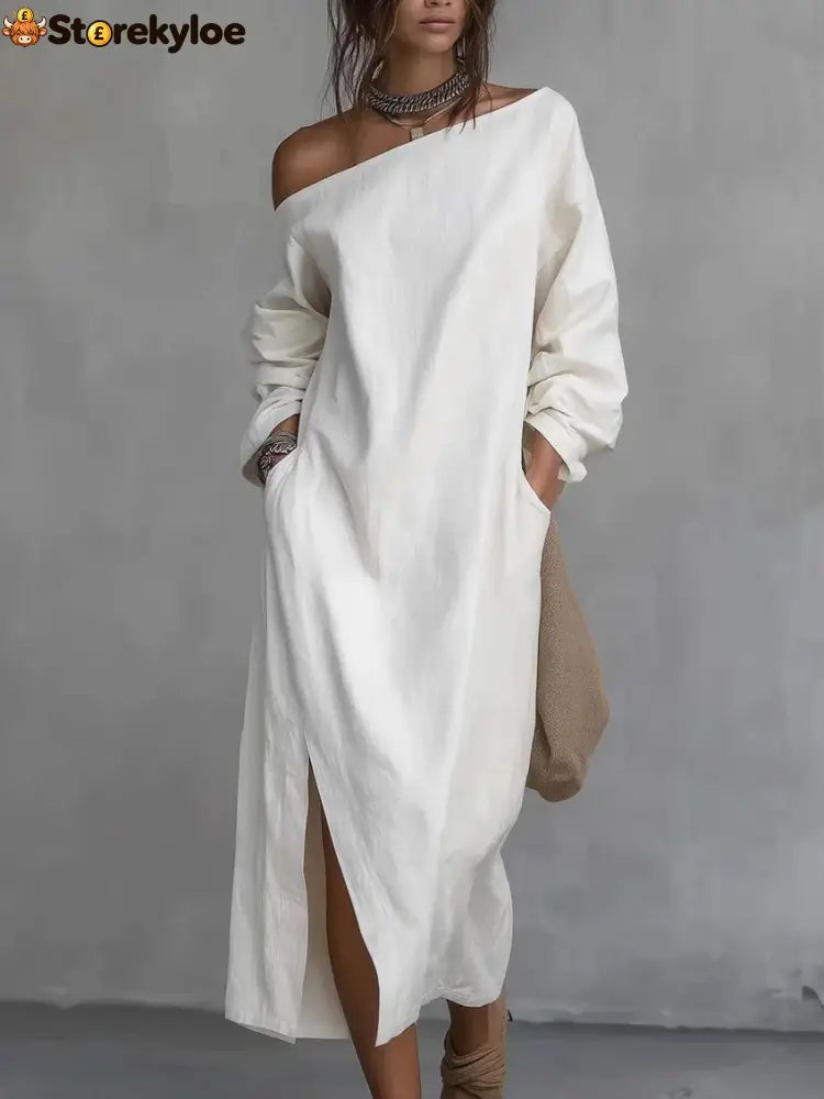 Loose-fitting One Shoulder Split Hem Cotton Linen Midi Dress - White / S - Dresses