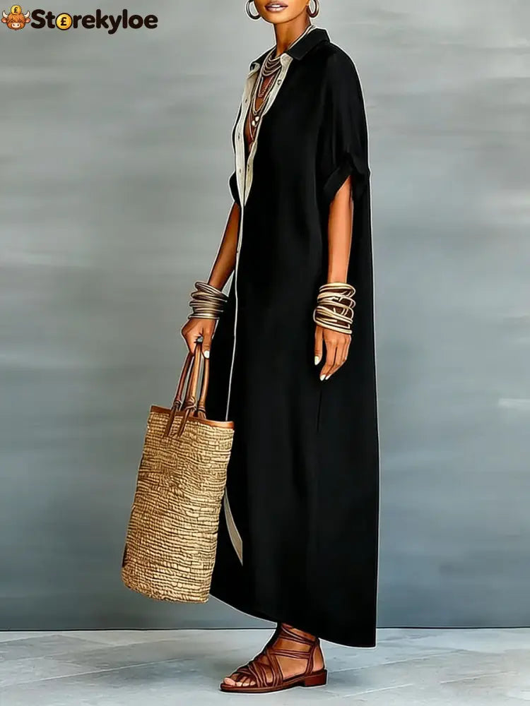 Loose Short Sleeves Buttoned Pockets Split-Joint Lapel Maxi Dresses