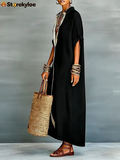 Loose Short Sleeves Buttoned Pockets Split-Joint Lapel Maxi Dresses