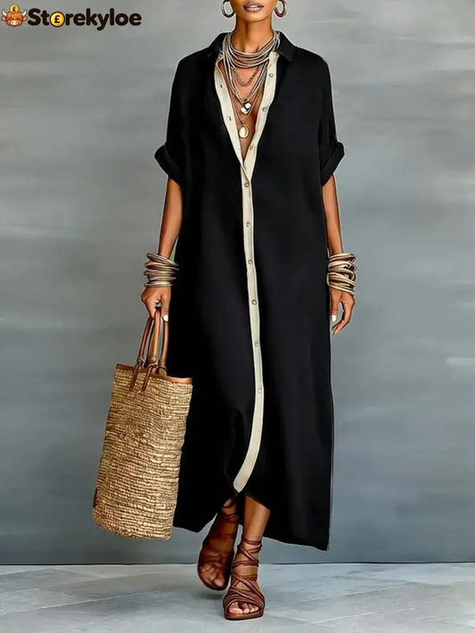 Loose Short Sleeves Buttoned Pockets Split-Joint Lapel Maxi Dresses - BLACK / S