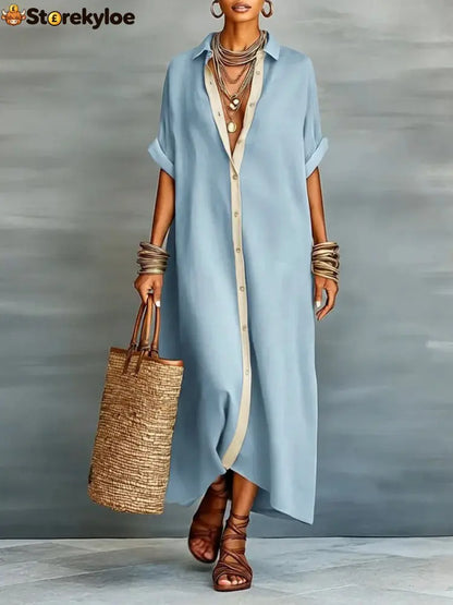 Loose Short Sleeves Buttoned Pockets Split-Joint Lapel Maxi Dresses - BLUE / S