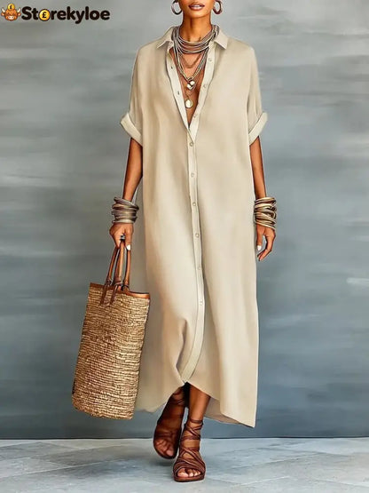 Loose Short Sleeves Buttoned Pockets Split-Joint Lapel Maxi Dresses - KHAKI / S