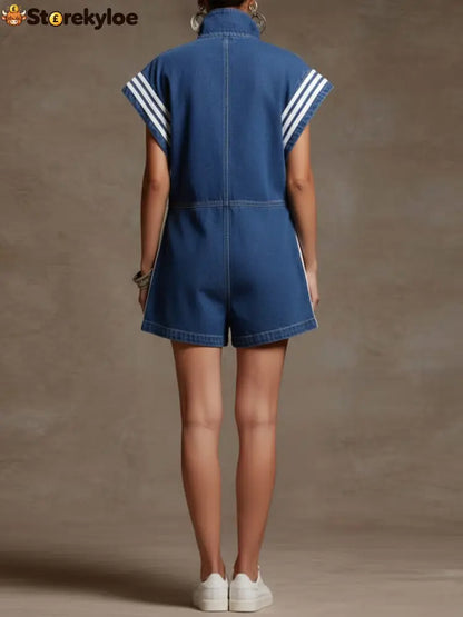 Loose Sleeveless Contrast Color Drawstring Pockets Split-Joint Striped Zipper Stand Collar Rompers