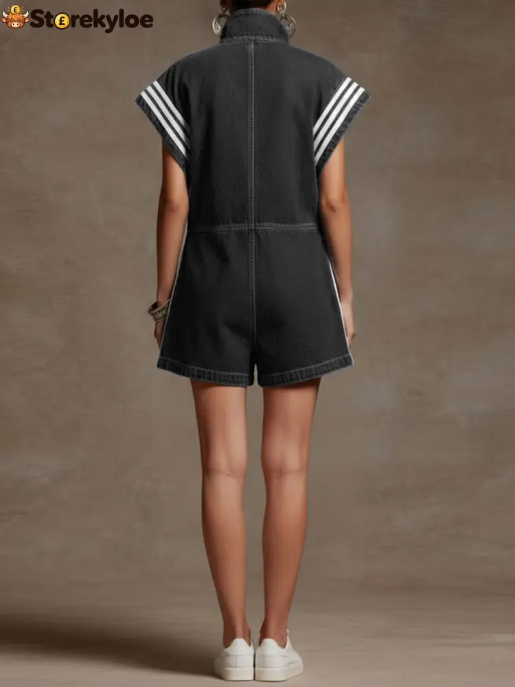 Loose Sleeveless Contrast Color Drawstring Pockets Split-Joint Striped Zipper Stand Collar Rompers