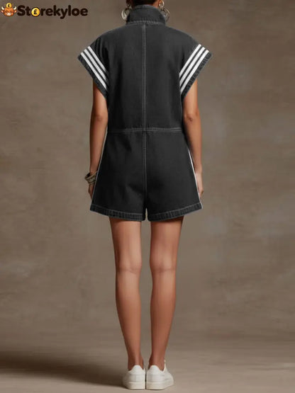 Loose Sleeveless Contrast Color Drawstring Pockets Split-Joint Striped Zipper Stand Collar Rompers