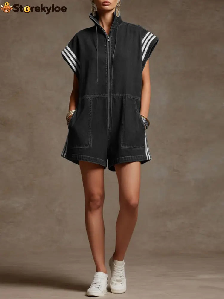 Loose Sleeveless Contrast Color Drawstring Pockets Split-Joint Striped Zipper Stand Collar Rompers - BLACK / S