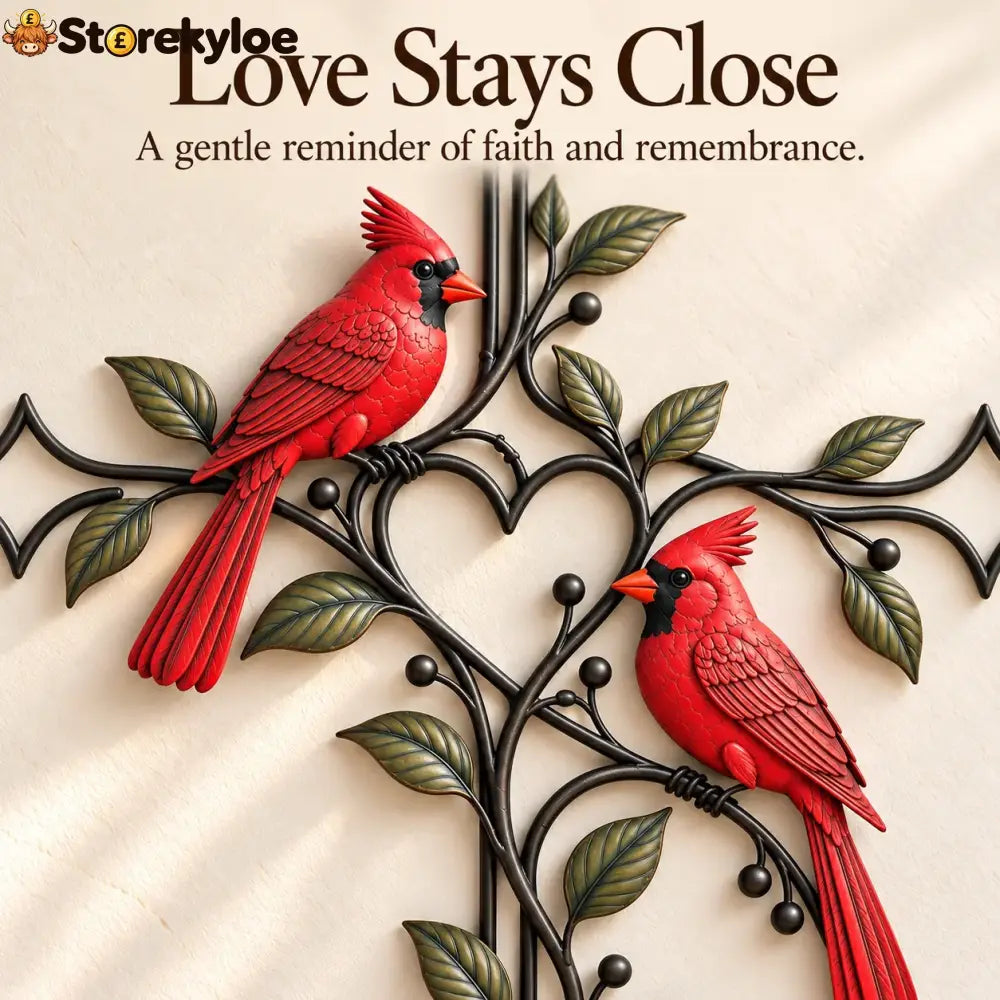 ❤️🐦 Love Stays Close – Cardinal Heart Cross Wall Decor