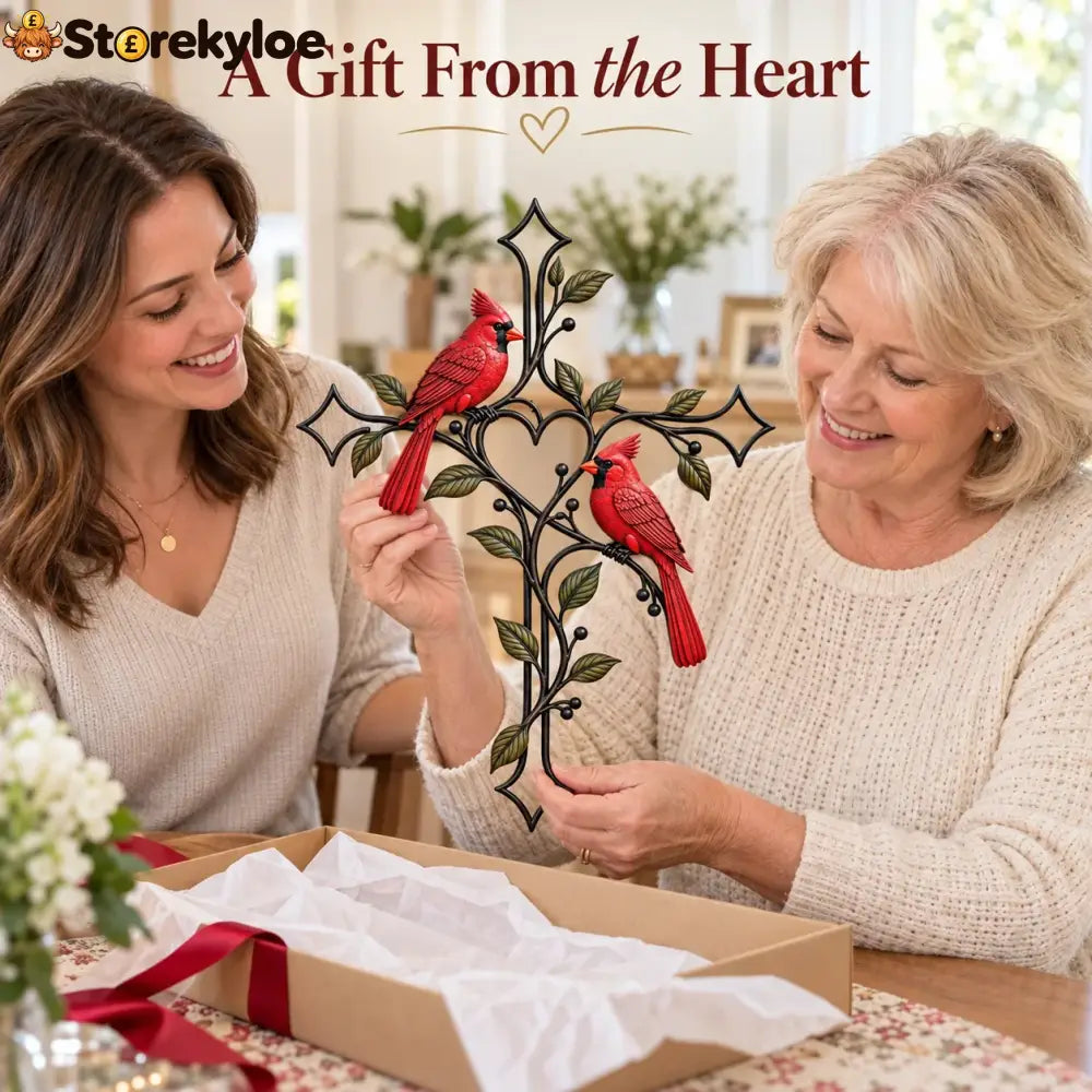 ❤️🐦 Love Stays Close – Cardinal Heart Cross Wall Decor