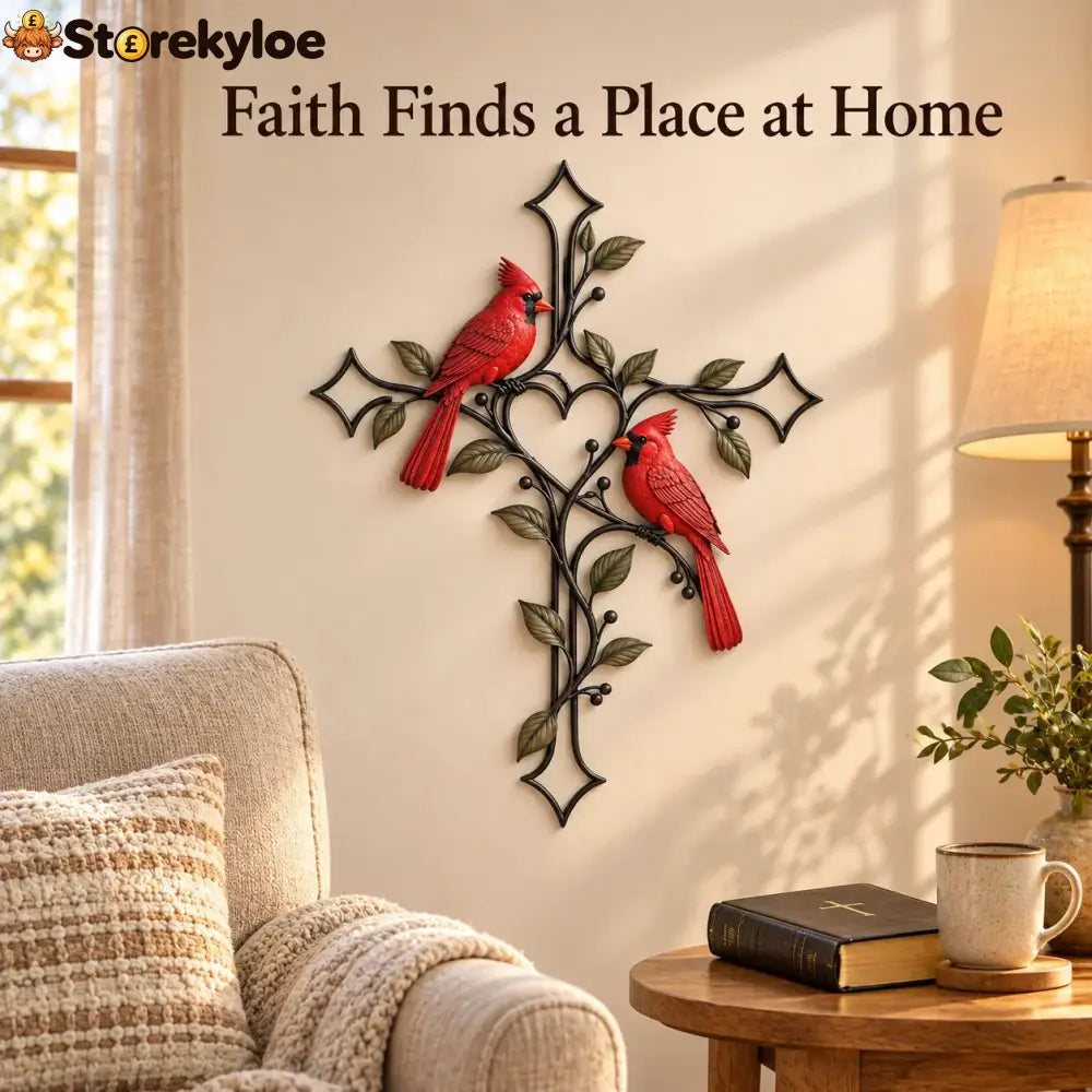 ❤️🐦 Love Stays Close – Cardinal Heart Cross Wall Decor