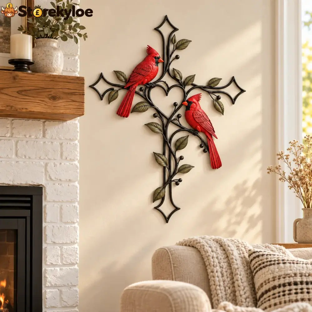 ❤️🐦 Love Stays Close – Cardinal Heart Cross Wall Decor