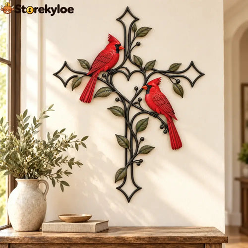 ❤️🐦 Love Stays Close – Cardinal Heart Cross Wall Decor
