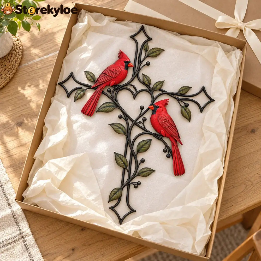 ❤️🐦 Love Stays Close – Cardinal Heart Cross Wall Decor