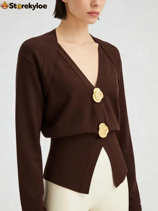 Metal Detail V-Neck Wool Blend Sweater