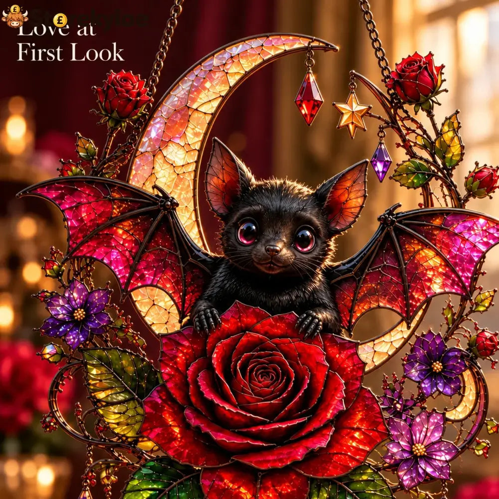 🦇🌹 Midnight Romance – Gothic Bat & Rose Crescent Moon Window Suncatcher ✨