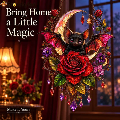 🦇🌹 Midnight Romance – Gothic Bat & Rose Crescent Moon Window Suncatcher ✨