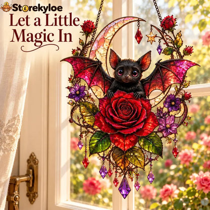 🦇🌹 Midnight Romance – Gothic Bat & Rose Crescent Moon Window Suncatcher ✨