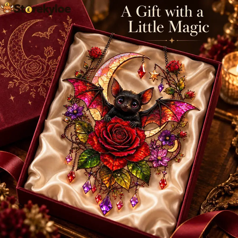 🦇🌹 Midnight Romance – Gothic Bat & Rose Crescent Moon Window Suncatcher ✨