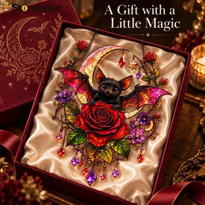 🦇🌹 Midnight Romance – Gothic Bat & Rose Crescent Moon Window Suncatcher ✨