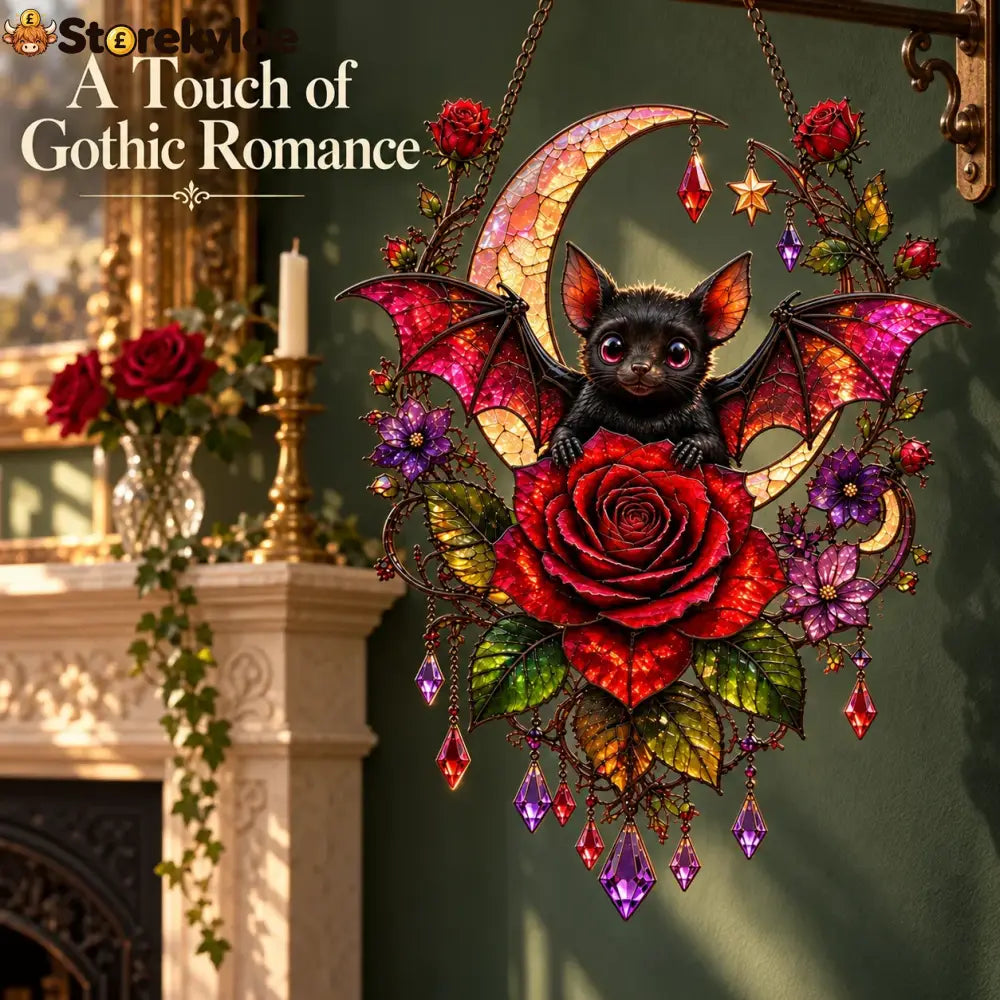 🦇🌹 Midnight Romance – Gothic Bat & Rose Crescent Moon Window Suncatcher ✨