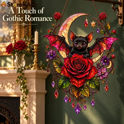 🦇🌹 Midnight Romance – Gothic Bat & Rose Crescent Moon Window Suncatcher ✨