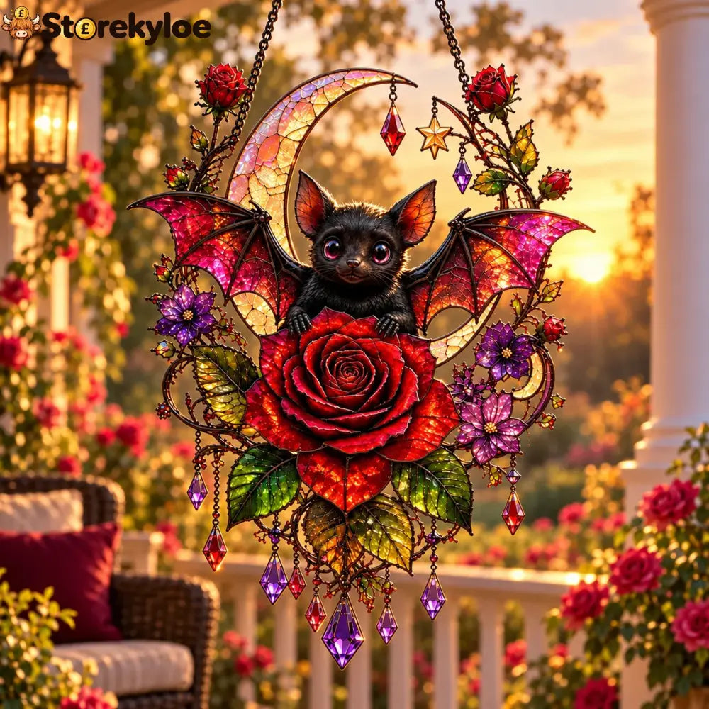 🦇🌹 Midnight Romance – Gothic Bat & Rose Crescent Moon Window Suncatcher ✨